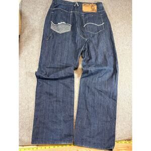 Vintage Akademics Baggy Straight Jeans Mens 36 Blue Denim Spellout Logo Goth Y2K